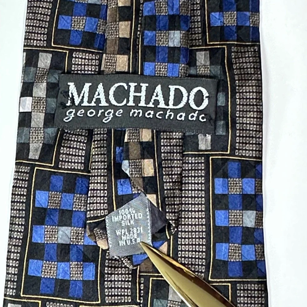George‎ Machado Mens Silk Tie Black Blue Tan Plaid Geometric Pattern WPL 2831